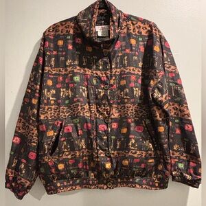 Vintage Stunt Sports 100% Silk Bomber Jacket Size Large Abstract/Animal Print